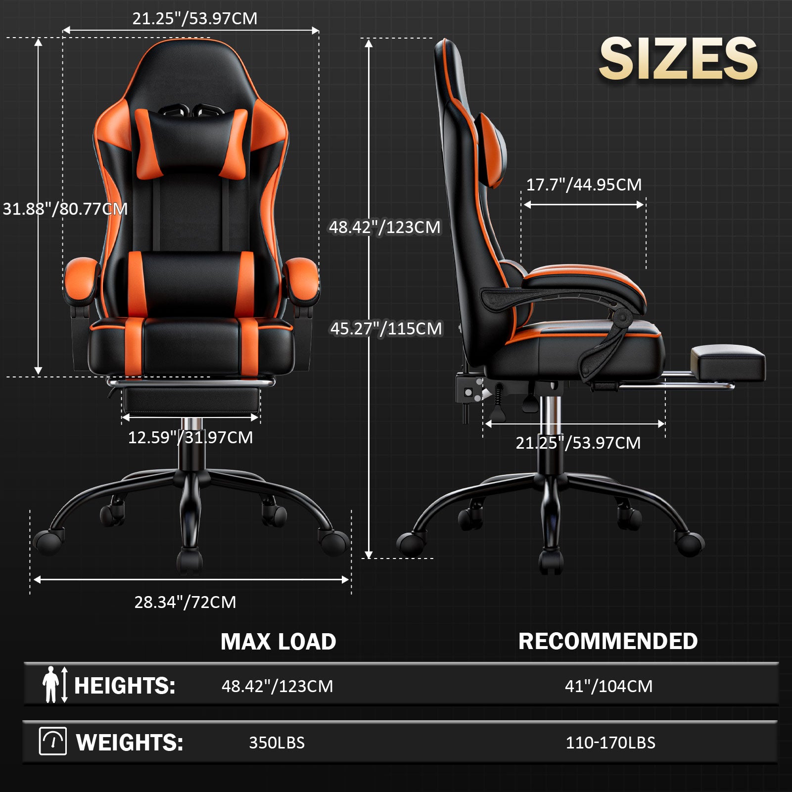 Sizes and height for gaming chairs for adults
